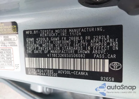 2005 Toyota Camry Le z USA, uszkodzony, nr VIN 4T1BE32K65U506082